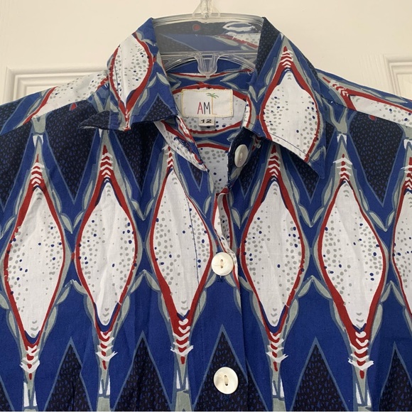 Blue,white & red printed cotton short dress. 2 pockets, shell buttons. - Picture 7 of 9